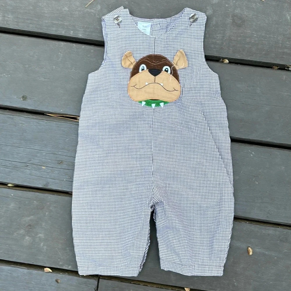 Bulldog appliqué on brown and white gingham overalls size 3 months - Picture 1 of 4